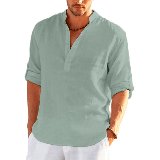 Mens - Long Sleeve Solid Color Cotton Linen Casual Long Sleeve Shirt - Men's Tops- US Sizes XS-3XL Ti Amo I love you
