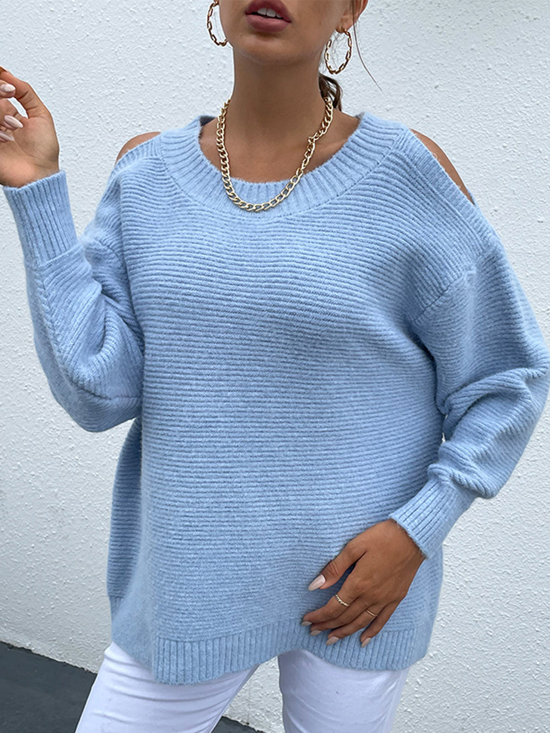 Misty Blue - Round Neck Cold Shoulder Sweater - Sizes S-L Ti Amo I love you