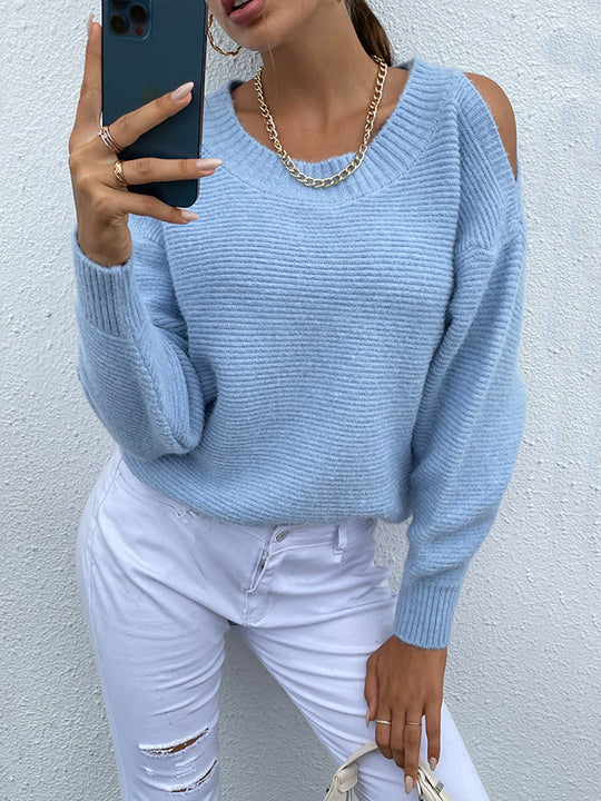 Misty Blue - Round Neck Cold Shoulder Sweater - Sizes S-L Ti Amo I love you