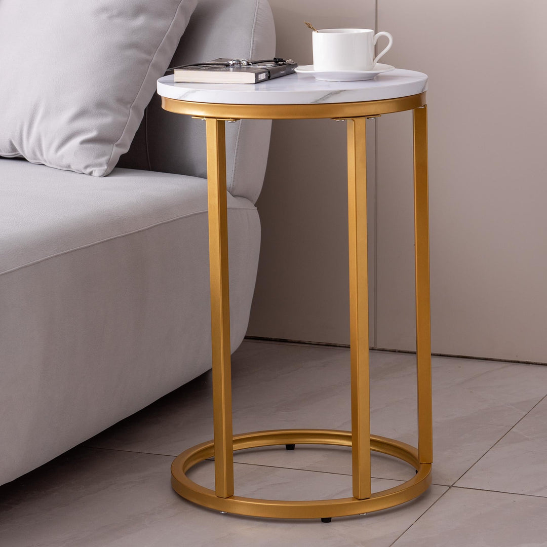 Modern C-shaped End/Side Table,Golden Metal Frame with Round Marble Color Top-15.75” Ti Amo I love you