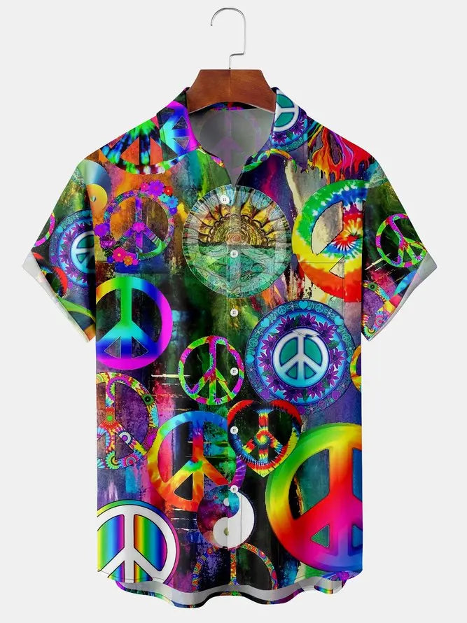 Molilulu - Mens - Peace & Love Print - Front Button Pocket Casual Hawaiian Shirt Ti Amo I love you