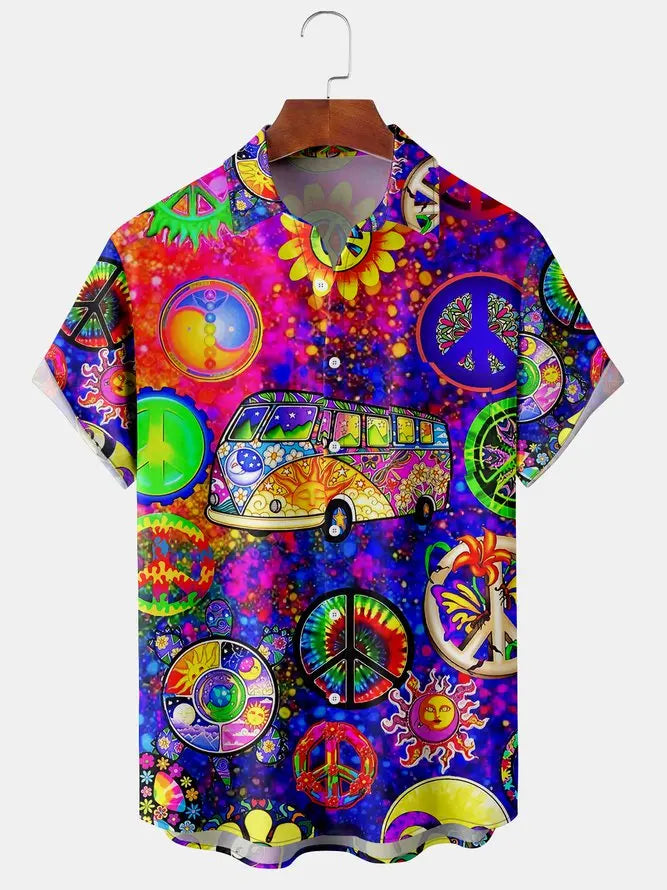 Molilulu - Mens - Peace & Love Print - Front Button Pocket Casual Hawaiian Shirt Ti Amo I love you