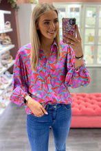 Load image into Gallery viewer, Multicolor Abstract Floral Button Up Long Puff Sleeve Shirt Ti Amo I love you
