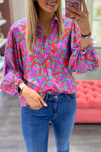 Load image into Gallery viewer, Multicolor Abstract Floral Button Up Long Puff Sleeve Shirt Ti Amo I love you
