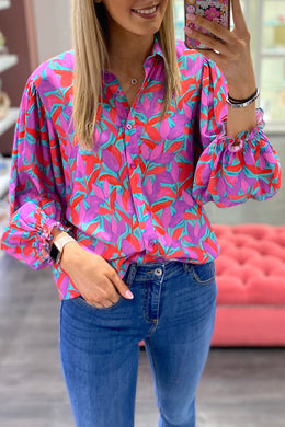 Multicolor Abstract Floral Button Up Long Puff Sleeve Shirt Ti Amo I love you