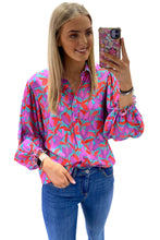 Load image into Gallery viewer, Multicolor Abstract Floral Button Up Long Puff Sleeve Shirt Ti Amo I love you
