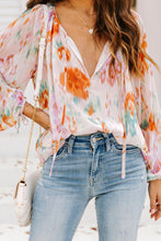 Load image into Gallery viewer, Multicolor Abstract Print Split Neck Puff Sleeve Blouse Ti Amo I love you
