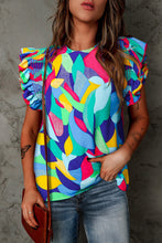 Load image into Gallery viewer, Multicolor Abstract Print Stitching Ruffle Sleeve Blouse Ti Amo I love you
