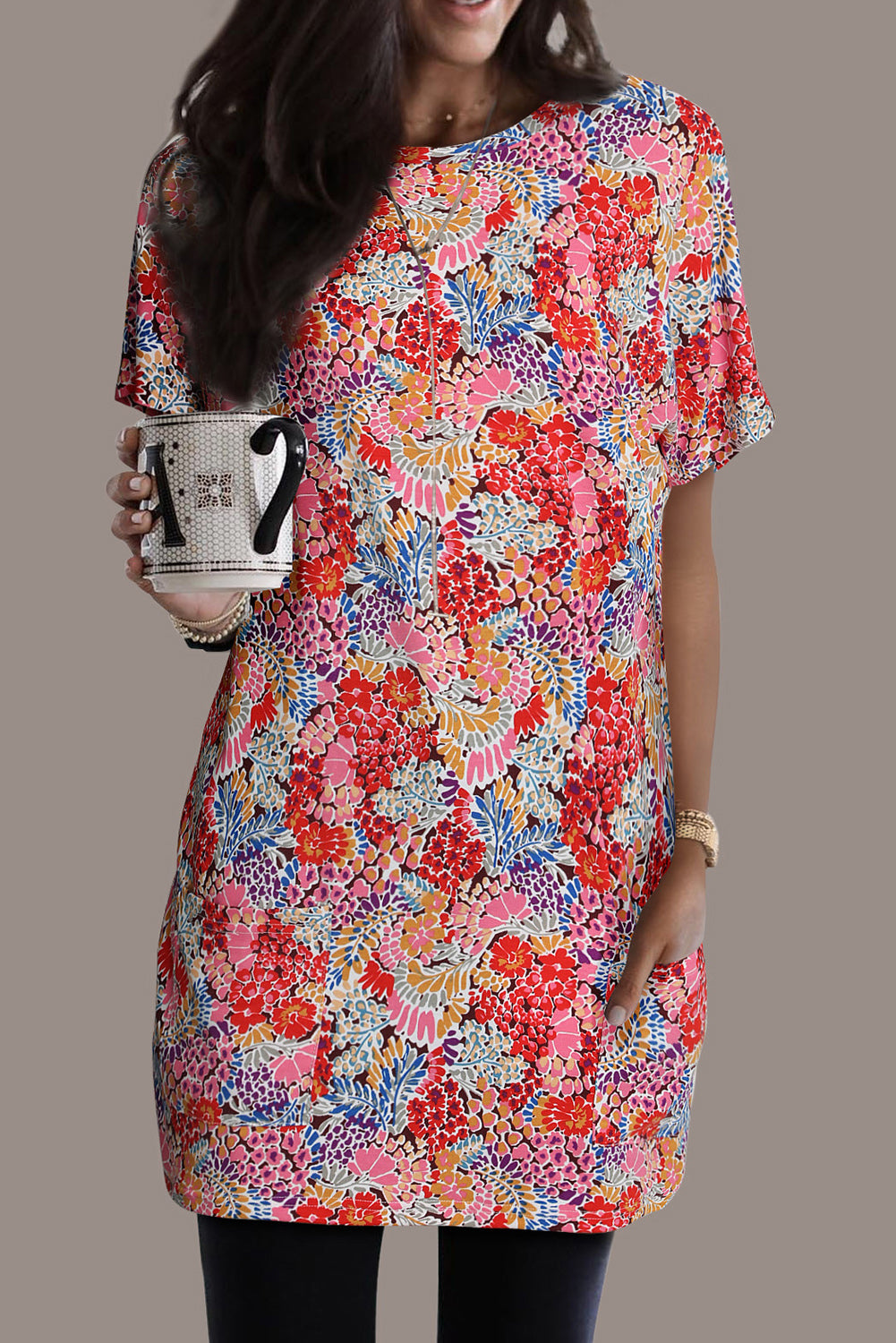 Multicolor Boho Flower Print Short Sleeve Tunic Top Ti Amo I love you