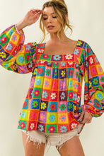 Load image into Gallery viewer, Multicolor Floral Crochet Square Neck Puff Sleeve Blouse - Sizes S-XL Ti Amo I love you
