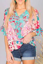 Load image into Gallery viewer, Multicolor Leopard Floral Mixed Print Ruffle Sleeve Surplice Blouse Ti Amo I love you
