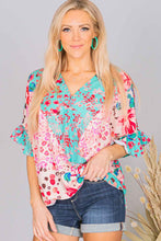 Load image into Gallery viewer, Multicolor Leopard Floral Mixed Print Ruffle Sleeve Surplice Blouse Ti Amo I love you
