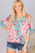 Load image into Gallery viewer, Multicolor Leopard Floral Mixed Print Ruffle Sleeve Surplice Blouse Ti Amo I love you
