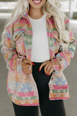 Multicolor Plus Size Flap Pockets Aztec Print Jacket Ti Amo I love you