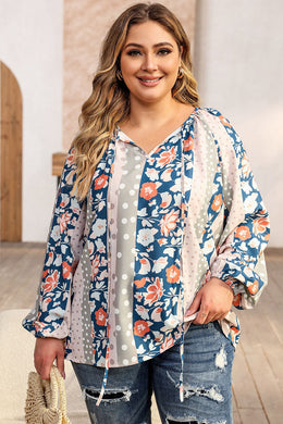 Multicolor Plus Size Mixed Print Split Neck Blouse Ti Amo I love you