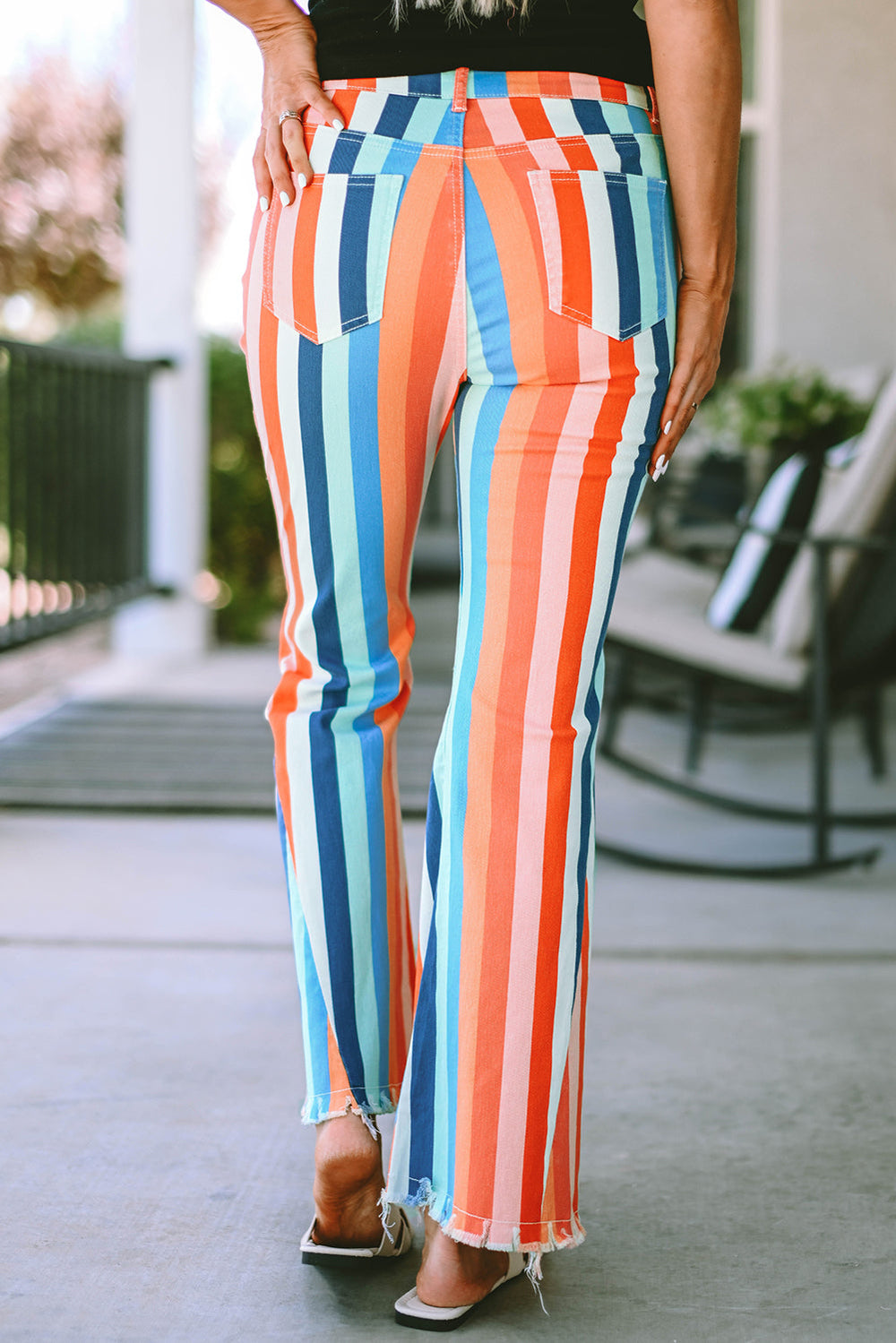 Multicolor Striped Raw Hem Flared Bottom Denim Pants - Sizes 4-18 Ti Amo I love you
