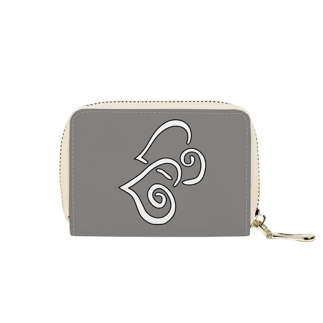 Ti Amo I love you - Exclusive Brand - Natural Grey - Double White Heart - PU Leather - Zipper Card Holder