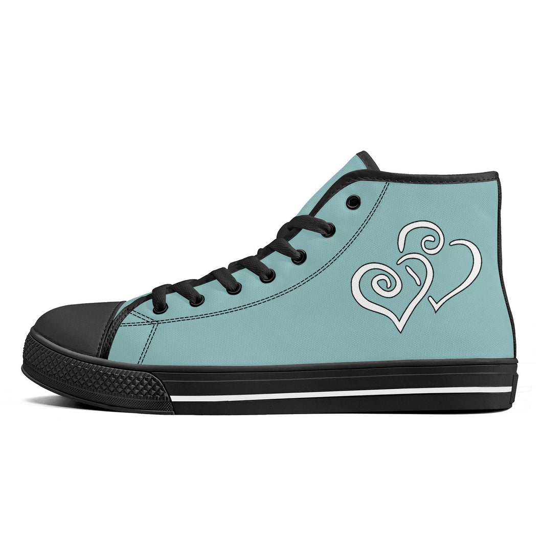 Ti Amo I love you - Exclusive Brand - Shadow Green 2 - Double White Heart High-Top Canvas Shoes - Black Soles