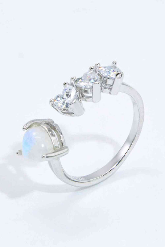 Natural Moonstone and Zircon Heart Open Ring Ti Amo I love you