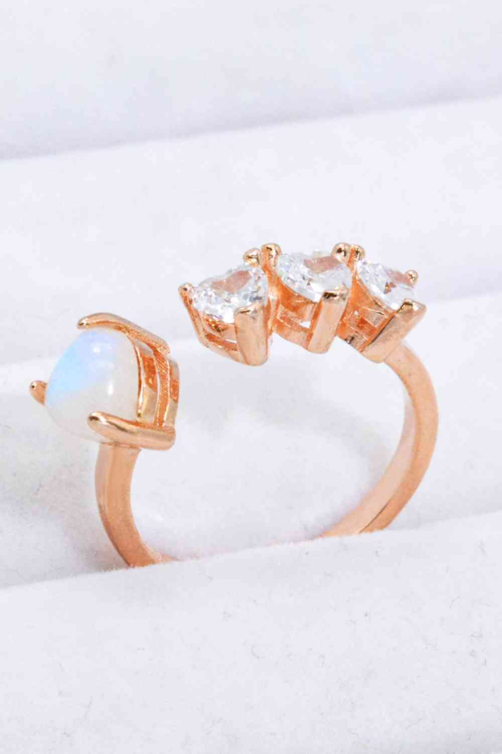 Natural Moonstone and Zircon Heart Open Ring Ti Amo I love you