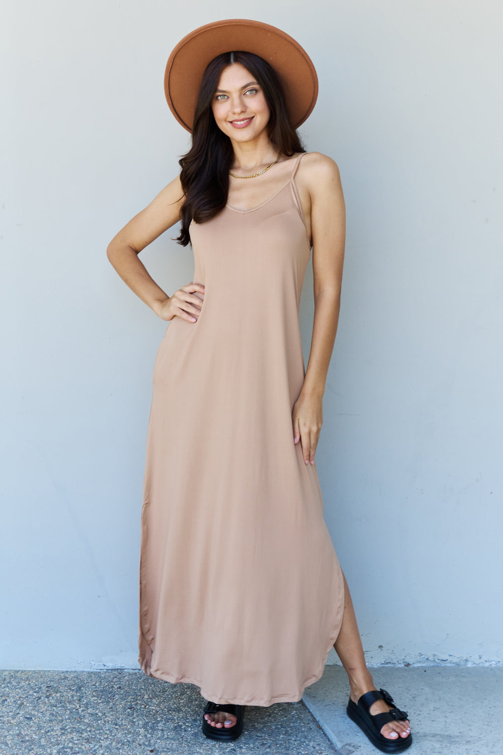 Ninexis Good Energy Full Size Cami Side Slit Maxi Dress in Camel - Sizes S-3XL Ti Amo I love you