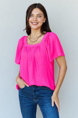 Ninexis Keep Me Close Square Neck Short Sleeve Blouse in Fuchsia - Sizes S-XL Ti Amo I love you