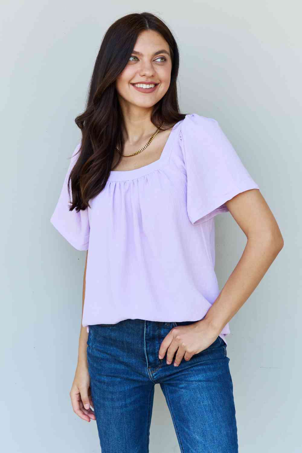 Ninexis Keep Me Close Square Neck Short Sleeve Blouse in Lavender Ti Amo I love you