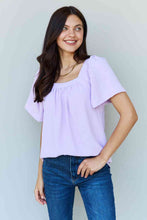 Load image into Gallery viewer, Ninexis Keep Me Close Square Neck Short Sleeve Blouse in Lavender Ti Amo I love you
