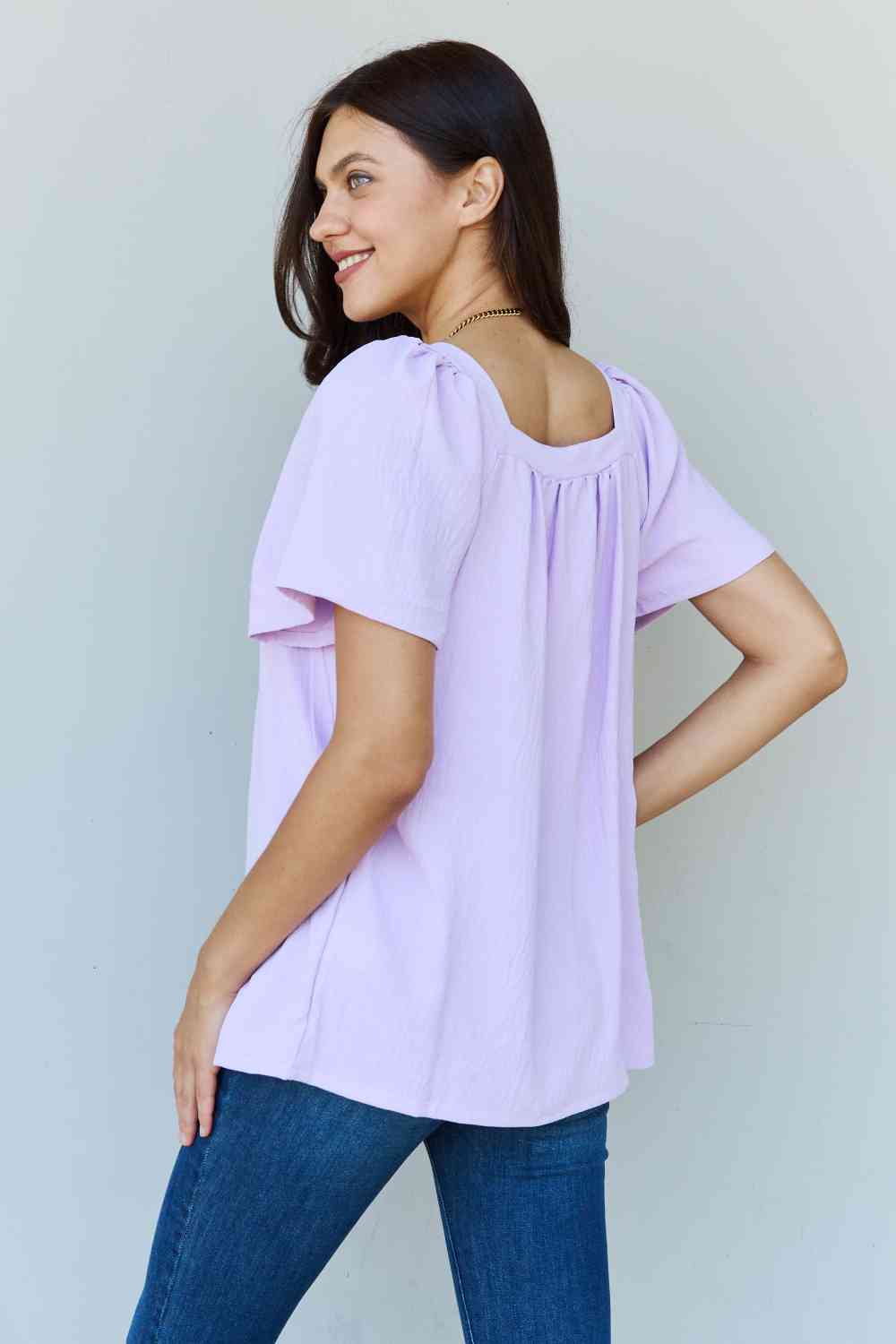 Ninexis Keep Me Close Square Neck Short Sleeve Blouse in Lavender Ti Amo I love you