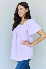 Load image into Gallery viewer, Ninexis Keep Me Close Square Neck Short Sleeve Blouse in Lavender Ti Amo I love you
