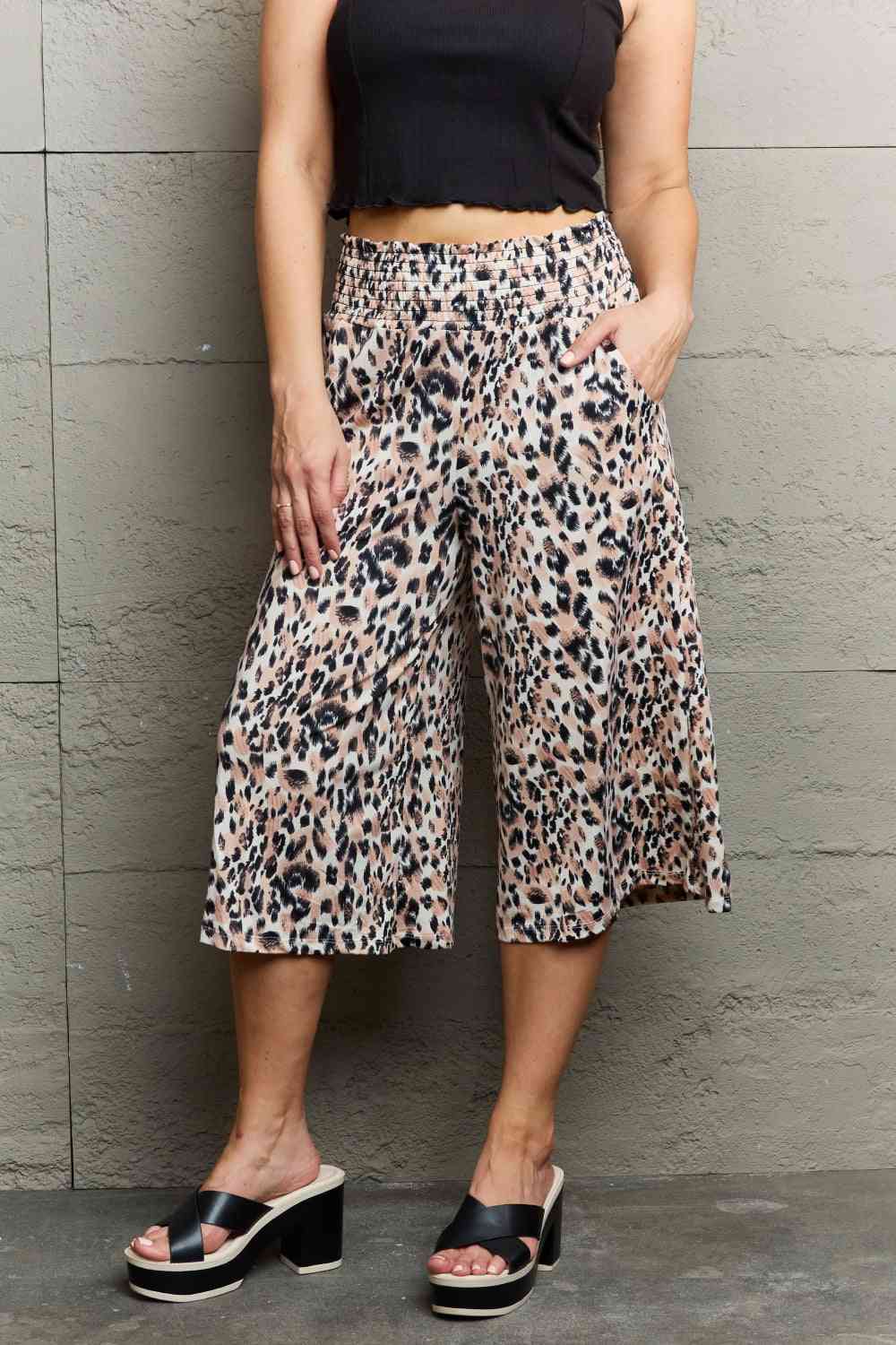 Ninexis Leopard High Waist Flowy Wide Leg Pants with Pockets Ti Amo I love you