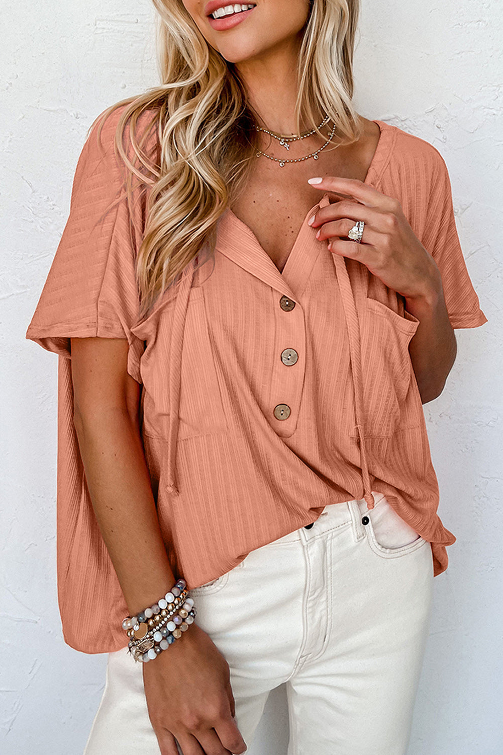 Notched V Neck Buttoned Front Textured Loose Top Ti Amo I love you