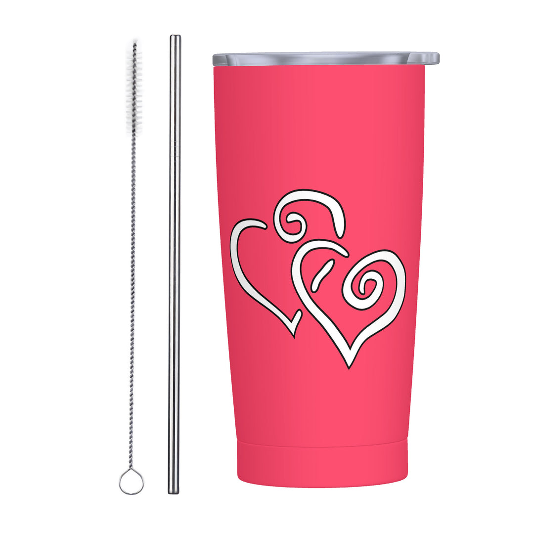 Ti Amo I love you - Exclusive Brand - Radical Red  - Double White Heart - 20oz Stainless Steel Straw Lid Cup