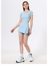 Load image into Gallery viewer, 2pc Set - Womens Faux Mesh Sports T shirt Short Sleeve with Chest Pad Yoga Clothes Cropped  Quick Drying Slimming Fitness Top
