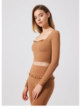 Load image into Gallery viewer, Autumn Winter Nude Feel Lace Yoga Clothes Long Sleeve Semi Fixed Cup Running Slim Sports Bra Breathable Workout Clothes Top
