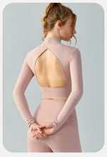 Load image into Gallery viewer, Workout Clothes Long Sleeve with Chest Pad Autumn Winter Stand Collar Sports Top Waist Slimming Hollow Out Cutout Beauty Back Long Sleeve Yoga Wear Women
