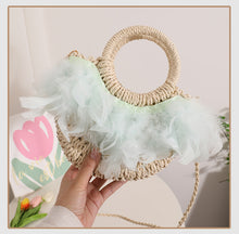 Load image into Gallery viewer, Fairy Feather Crossbody Straw Bag Cute Portable Semicircle Straw Bag Woven Bag Rattan Weave Bag Seaside Vacation Beach Bag
