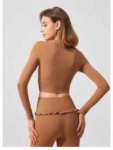 Load image into Gallery viewer, Autumn Winter Nude Feel Lace Yoga Clothes Long Sleeve Semi Fixed Cup Running Slim Sports Bra Breathable Workout Clothes Top
