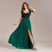 Load image into Gallery viewer, Sequined Stitching Chiffon High Slit Party Birthday Evening Gown Tied Strap Backless Prom a Swing Dress
