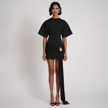Load image into Gallery viewer, Solid Color Round Neck Sexy Waist Trimming Half Sleeve Ribbon Pleated Dress
