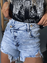 Load image into Gallery viewer, Ladies Asymmetric Hem Stretch Light Blue High Low Button Ripped Denim Shorts
