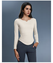 Load image into Gallery viewer, Womens Autumn Sports Top V neck Elastic Slim Fit Slimming Yoga Clothes with Chest Pad Workout Long Sleeve T shirt
