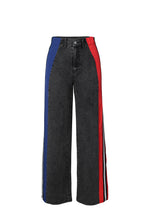 Load image into Gallery viewer, Women Clothing Patchwork Stripes Contrast Color Denim Trousers Casual Waist Stretchy Straight Leg Pants
