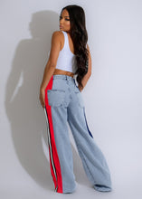 Load image into Gallery viewer, Women Clothing Patchwork Stripes Contrast Color Denim Trousers Casual Waist Stretchy Straight Leg Pants
