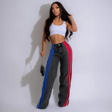 Load image into Gallery viewer, Women Clothing Patchwork Stripes Contrast Color Denim Trousers Casual Waist Stretchy Straight Leg Pants
