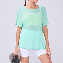 Load image into Gallery viewer, Womens Summer Bunchy Yarn Hollow Out Cutout Back -  Loose Yoga Blouse - Breathable Lightweight - Plus Size T shirt - Casual Sports Short Sleeve

