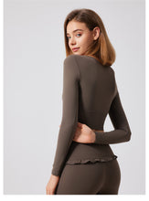 Load image into Gallery viewer, Autumn Winter Nude Feel Lace Yoga Clothes Long Sleeve Semi Fixed Cup Running Slim Sports Bra Breathable Workout Clothes Top
