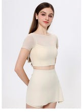 Load image into Gallery viewer, 2pc Set - Womens Faux Mesh Sports T shirt Short Sleeve with Chest Pad Yoga Clothes Cropped  Quick Drying Slimming Fitness Top
