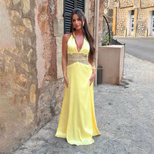 Load image into Gallery viewer, Summer Elegant Deep V Plunge Silky Satin Halter Sheer Waist Tight Sexy Dress
