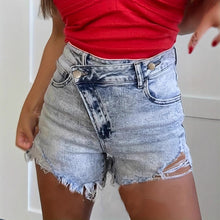 Load image into Gallery viewer, Ladies Asymmetric Hem Stretch Light Blue High Low Button Ripped Denim Shorts
